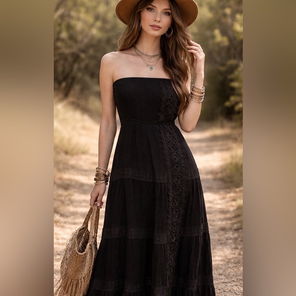 Justify Dresses & Skirts - Justify Black Strapless Lace Trim Midi Dress Tiered Goth Cottagecore Y2K Medium